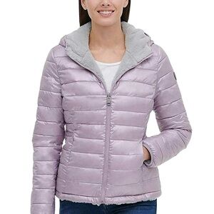 Andrew Marc Womens Ultra Soft Hooded Reversible Jacket Shiny Lavender Faux Fur M